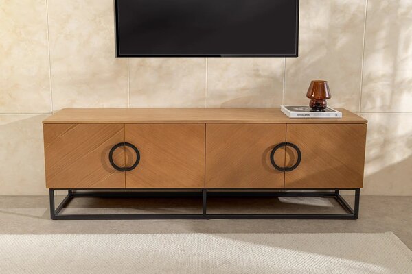 Estila Moderný art deco TV stolík Arkline v svetlom hnedom dubovom prevedení so štyrmi dvierkami s diagonálnym vzorom 180 cm