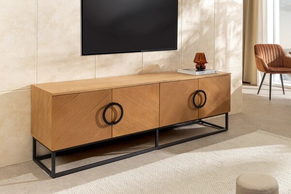 Estila Moderný art deco TV stolík Arkline v svetlom hnedom dubovom prevedení so štyrmi dvierkami s diagonálnym vzorom 180 cm