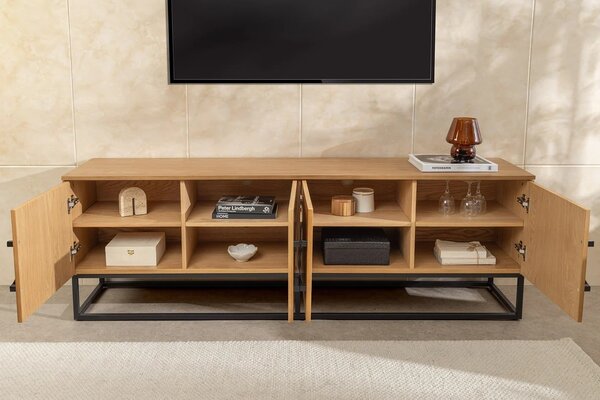Estila Moderný art deco TV stolík Arkline v svetlom hnedom dubovom prevedení so štyrmi dvierkami s diagonálnym vzorom 180 cm