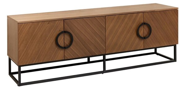 Estila Dizajnový art deco štvordverový TV stolík Arkline v svetlom hnedom orechovom prevedení s čiernymi kovovými detailmi 180 cm