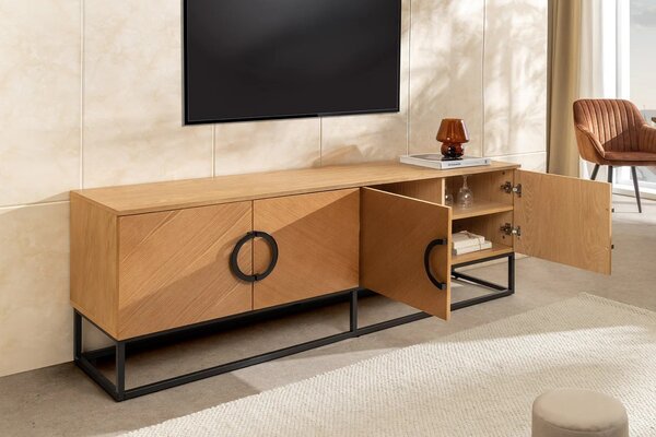 Estila Moderný art deco TV stolík Arkline v svetlom hnedom dubovom prevedení so štyrmi dvierkami s diagonálnym vzorom 180 cm