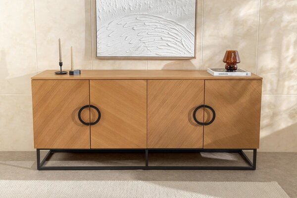 Estila Art deco štvordverový príborník Arkline v dubovom prevedení s okrúhlymi čiernymi úchytkami s obdĺžnikovou podstavou 180 cm