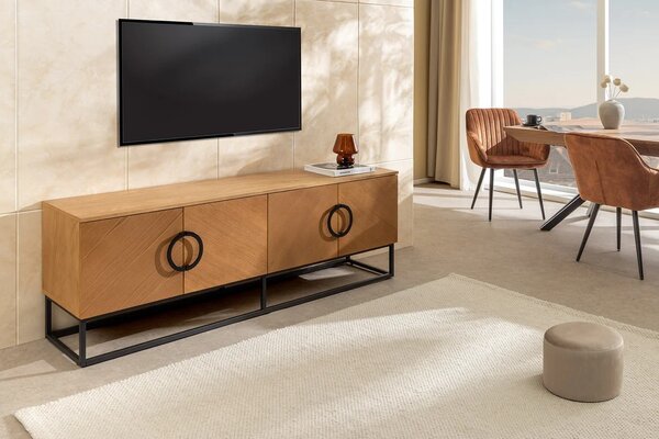Estila Moderný art deco TV stolík Arkline v svetlom hnedom dubovom prevedení so štyrmi dvierkami s diagonálnym vzorom 180 cm