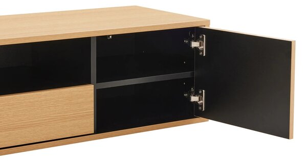 Estila Škandinávsky dvojdverový obdĺžnikový závesný TV stolík Attica s dubovým hnedým vzhľadom so zásuvkou a policou 150 cm