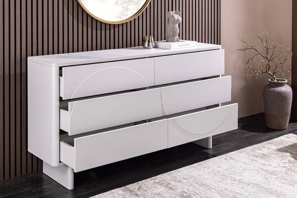 Estila Dizajnová art deco biela komoda Savonia s mramorovou doskou a šiestimi zásuvkami s minimalistickým reliéfom vlny 150 cm