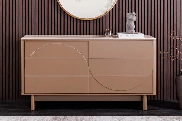 Estila Dizajnová moderná komoda Savonia so šiestimi zásuvkami v svetlej hnedej farbe s minimalistickým geometrickým reliéfom 150 cm