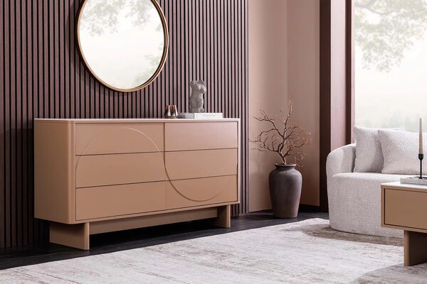 Estila Dizajnová moderná komoda Savonia so šiestimi zásuvkami v svetlej hnedej farbe s minimalistickým geometrickým reliéfom 150 cm