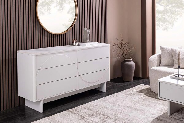 Estila Dizajnová art deco biela komoda Savonia s mramorovou doskou a šiestimi zásuvkami s minimalistickým reliéfom vlny 150 cm