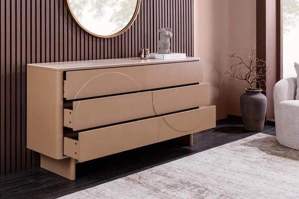 Estila Dizajnová moderná komoda Savonia so šiestimi zásuvkami v svetlej hnedej farbe s minimalistickým geometrickým reliéfom 150 cm