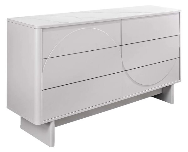 Estila Dizajnová art deco biela komoda Savonia s mramorovou doskou a šiestimi zásuvkami s minimalistickým reliéfom vlny 150 cm