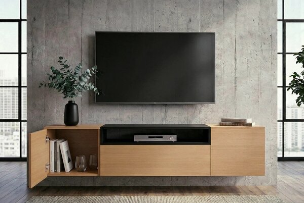 Estila Moderný obdĺžnikový hnedý nástenný dubový TV stolík Attica s dvomi dvierkami a zásuvkou s policou v čiernej farbe 160 cm