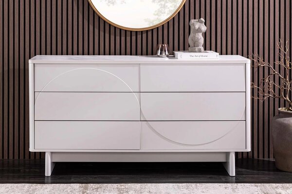 Estila Dizajnová art deco biela komoda Savonia s mramorovou doskou a šiestimi zásuvkami s minimalistickým reliéfom vlny 150 cm