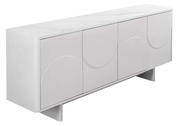 Estila Art deco obdĺžnikový štvordverový biely príborník Savonia s 3D reliéfom a mramorovou bielou doskou 180 cm