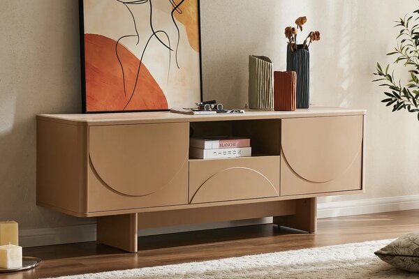 Estila Dizajnový art deco TV stolík Savonia s úložným priestorom v hnedej farbe s travertínovou doskou a geometrickým reliéfom 150 cm