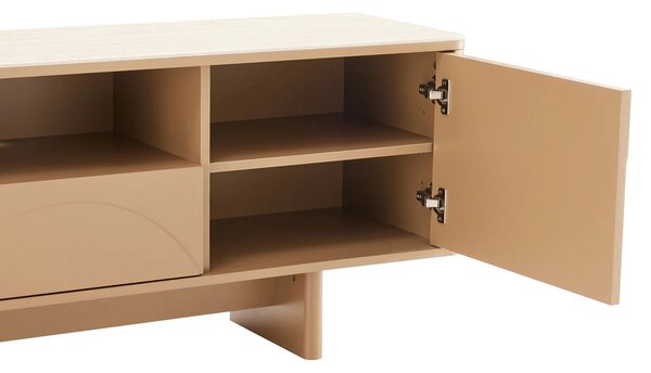Estila Dizajnový art deco TV stolík Savonia s úložným priestorom v hnedej farbe s travertínovou doskou a geometrickým reliéfom 150 cm