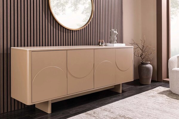 Estila Art deco obdĺžnikový štvordverový príborník Savonia s travertínovou doskou v hnedej farbe a 3D reliéfmi 180 cm