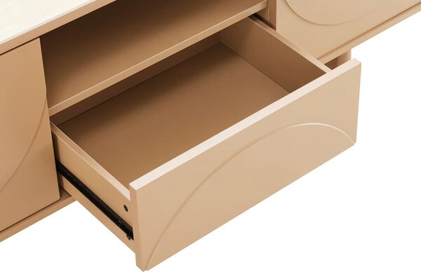 Estila Dizajnový art deco TV stolík Savonia s úložným priestorom v hnedej farbe s travertínovou doskou a geometrickým reliéfom 150 cm