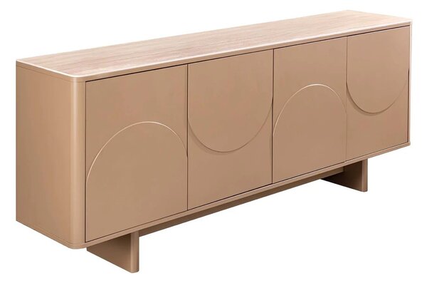 Estila Art deco obdĺžnikový štvordverový príborník Savonia s travertínovou doskou v hnedej farbe a 3D reliéfmi 180 cm