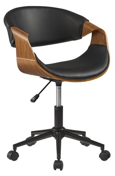 Estila Retro otočné výškovo nastaviteľné kancelárske kreslo Norwich s koženým čiernym poťahom a dreveným detailom 83 cm