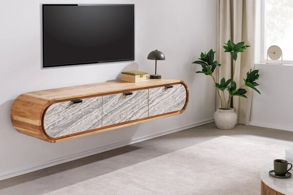 Estila Art deco závesný masívny obdĺžnikový hnedý TV stolík Spin s tromi zásuvkami s mramorovým dizajnom v bielej a sivej farbe 160 cm