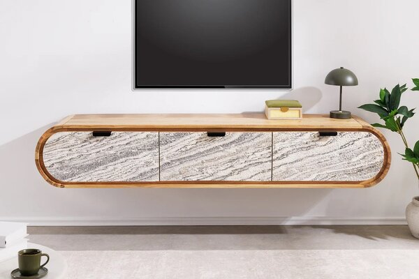 Estila Art deco závesný masívny obdĺžnikový hnedý TV stolík Spin s tromi zásuvkami s mramorovým dizajnom v bielej a sivej farbe 160 cm
