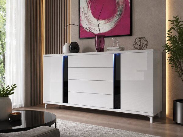 KOMODA AGNES BIELY + ČIERNY LESK LED 180 cm