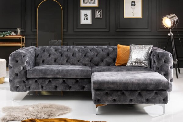 Estila Luxusná glamour taburetka Modern Barock so sivým zamatovým poťahom s chesterfield prešívaním so striebornými nožičkami 92 cm