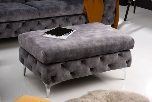 Estila Luxusná glamour taburetka Modern Barock so sivým zamatovým poťahom s chesterfield prešívaním so striebornými nožičkami 92 cm