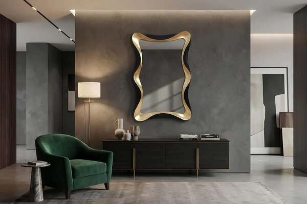 Estila Štýlové glamour obdĺžnikové nástenné zrkadlo Yraj so zvlneným čierno zlatým rámom 120 cm