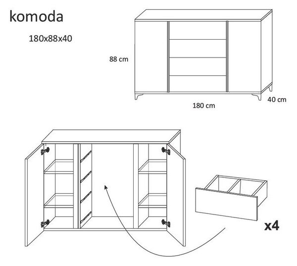 KOMODA AGNES BIELY + ČIERNY LESK LED 180 cm