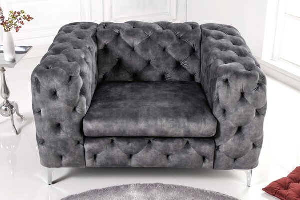Estila Dizajnové chesterfield kreslo Modern Barock v tmavosivej farbe so zamatovým poťahom a striebornými nožičkami z kovu 120 cm