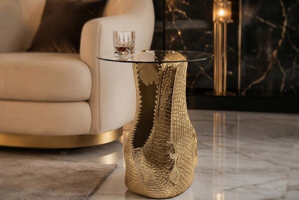 Estila Dizajnový okrúhly glamour príručný stolík Crocodile so zlatou podstavou v tvare krokodílej hlavy a sklenenou doskou 51 cm