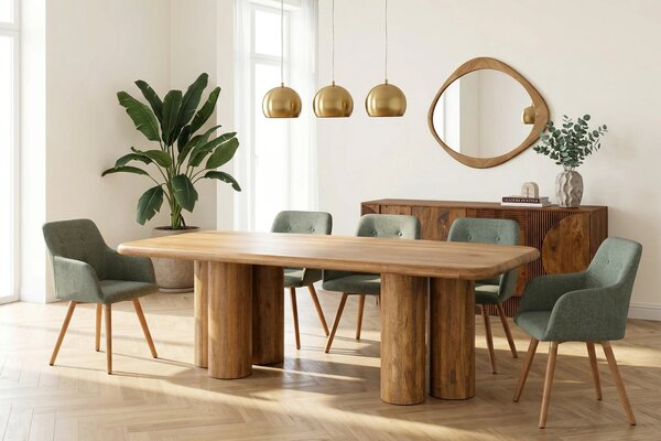 Estila Luxusný art deco hnedý jedálenský stôl Sonia obdĺžnikového tvaru z mangového dreva so šiestimi valcovitými nohami 240 cm
