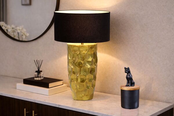 Estila Moderná art-deco stolná lampa Almina so zlatým kovovým podstavcom s kladivkovým efektom a čiernym textilným tienidlom 53 cm