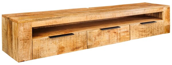 Estila Dizajnový závesný obdĺžnikový TV stolík Steele Craft z masívneho mangového dreva s tromi zásuvkami a otvorenou policou 160 cm