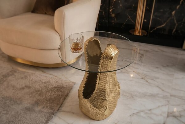 Estila Dizajnový okrúhly glamour príručný stolík Crocodile so zlatou podstavou v tvare krokodílej hlavy a sklenenou doskou 51 cm