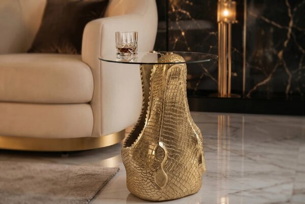 Estila Dizajnový okrúhly glamour príručný stolík Crocodile so zlatou podstavou v tvare krokodílej hlavy a sklenenou doskou 51 cm