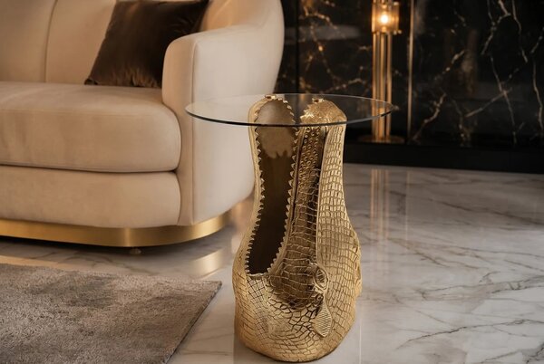 Estila Dizajnový okrúhly glamour príručný stolík Crocodile so zlatou podstavou v tvare krokodílej hlavy a sklenenou doskou 51 cm