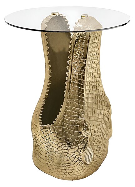 Estila Dizajnový okrúhly glamour príručný stolík Crocodile so zlatou podstavou v tvare krokodílej hlavy a sklenenou doskou 51 cm