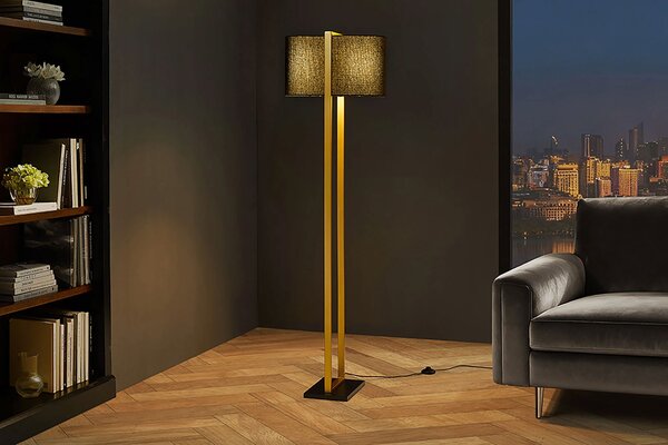 Estila Moderná glamour stojaca lampa Ambient so zlatým kovovým rámom s čiernym textilným tienidlom a obdĺžnikovým podstavcom 160 cm