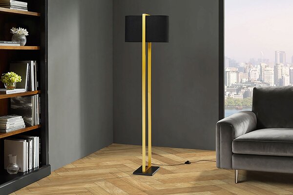 Estila Moderná glamour stojaca lampa Ambient so zlatým kovovým rámom s čiernym textilným tienidlom a obdĺžnikovým podstavcom 160 cm