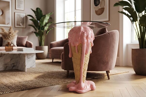 Estila Moderný okrúhly ružovo-béžový príručný stolík Pop Atelier v tvare kornútku so stekajúcou zmrzlinou a sklenenou doskou 74 cm