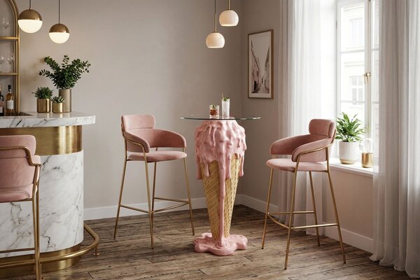 Estila Moderný okrúhly ružovo-béžový barový stolík Pop Atelier v tvare kornútku so stekajúcou zmrzlinou a sklenenou doskou 107 cm
