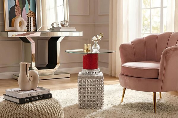 Estila Glamour strieborný príručný stolík Pop Atelier v tvare červeného rúžu s dekoratívnymi kamienkami s okrúhlou doskou zo skla 60 cm
