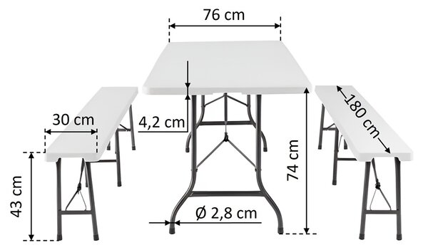 TENTino Plastový pivný set skladací - 180 cm (šírka stola 76 cm)