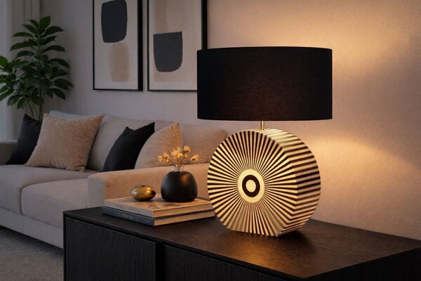 Estila Dizajnová art deco stolná lampa Celia s podstavou s intarziou so vzorom lúčov v čiernej a bielej farbe 62 cm