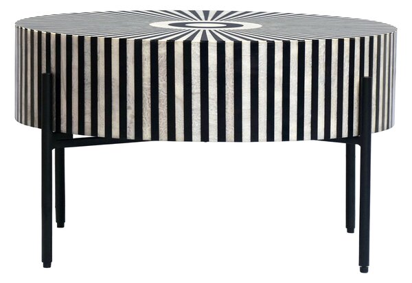Estila Dizajnový art deco okrúhly konferenčný stolík Celia s intarziou so vzorom slnečných lúčov v čiernej a bielej farbe 64 cm