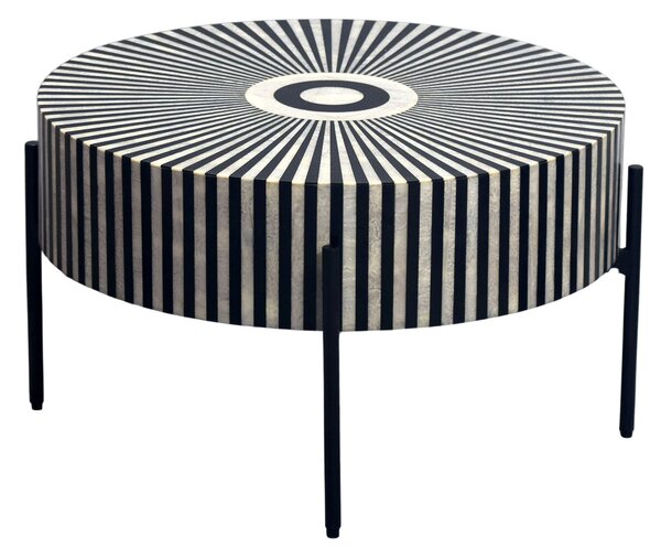 Estila Dizajnový art deco okrúhly konferenčný stolík Celia s intarziou so vzorom slnečných lúčov v čiernej a bielej farbe 64 cm
