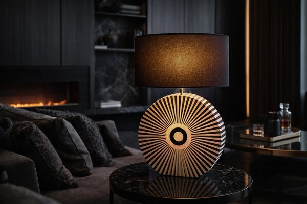 Estila Dizajnová art deco stolná lampa Celia s podstavou s intarziou so vzorom lúčov v čiernej a bielej farbe 62 cm