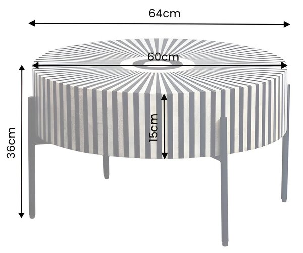 Estila Dizajnový art deco okrúhly konferenčný stolík Celia s intarziou so vzorom slnečných lúčov v čiernej a bielej farbe 64 cm
